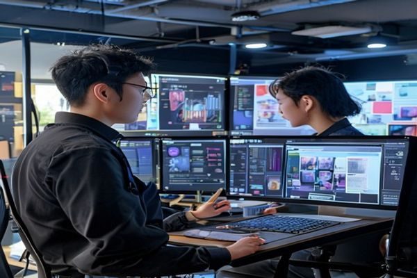 内容创作者王磊在明亮工作室使用精品一区二区平台筛选优质素材，双屏显示器展示分区内容管理界面